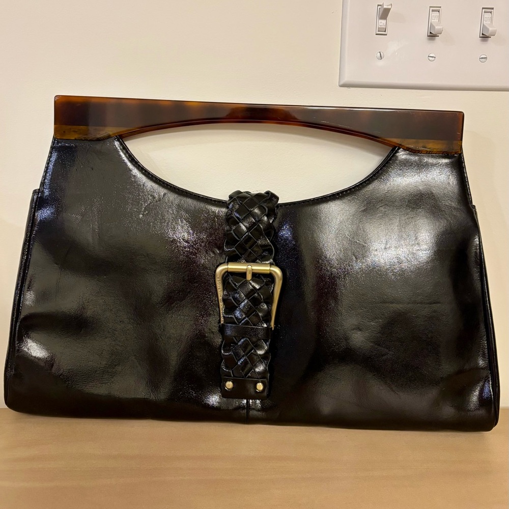 Tommy Hilfiger Large Black Patent Clutch with Gold Hardware